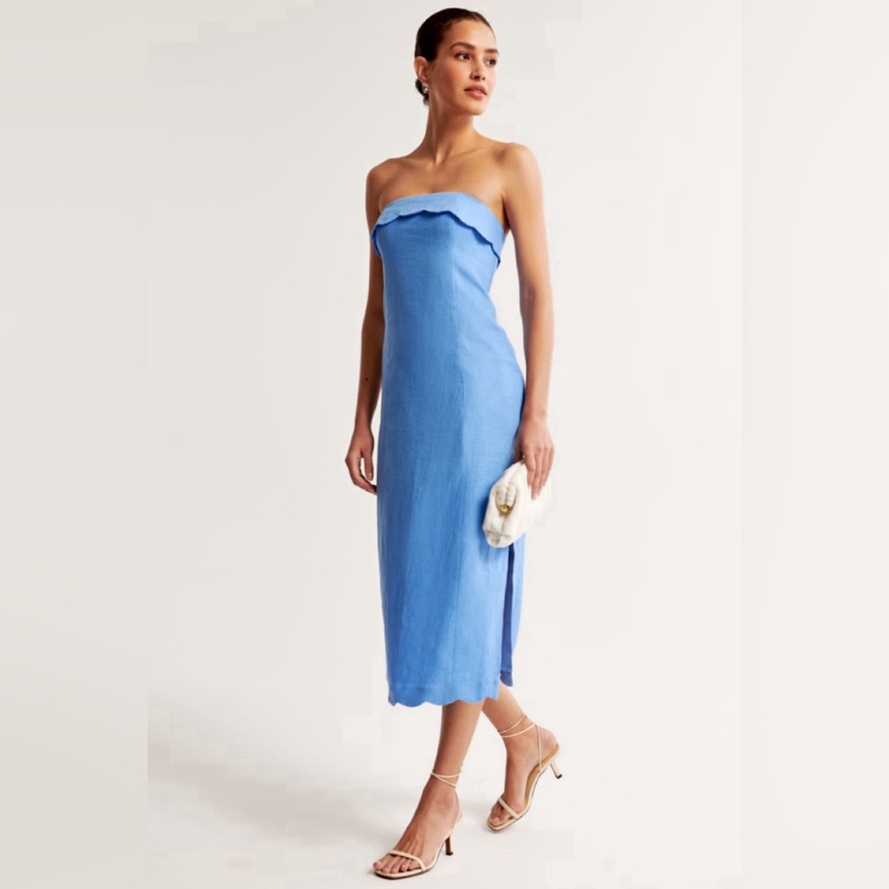 Abercrombie & Fitch Sky Blue Strapless Scallop Midi Dress